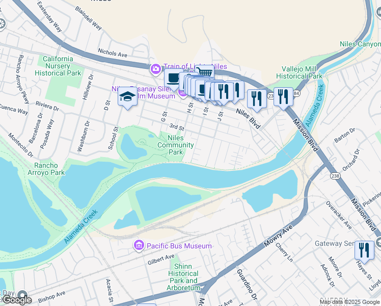 map of restaurants, bars, coffee shops, grocery stores, and more near 337 I Street in Fremont