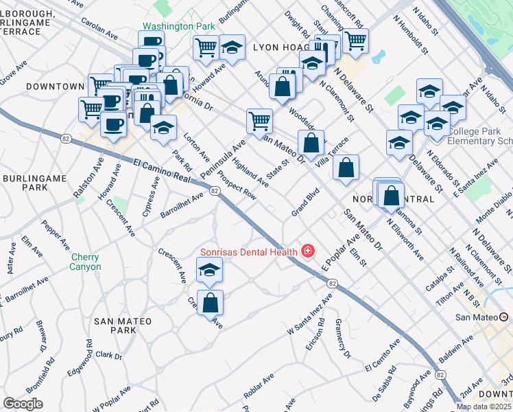 map of restaurants, bars, coffee shops, grocery stores, and more near 704 Prospect Row in San Mateo