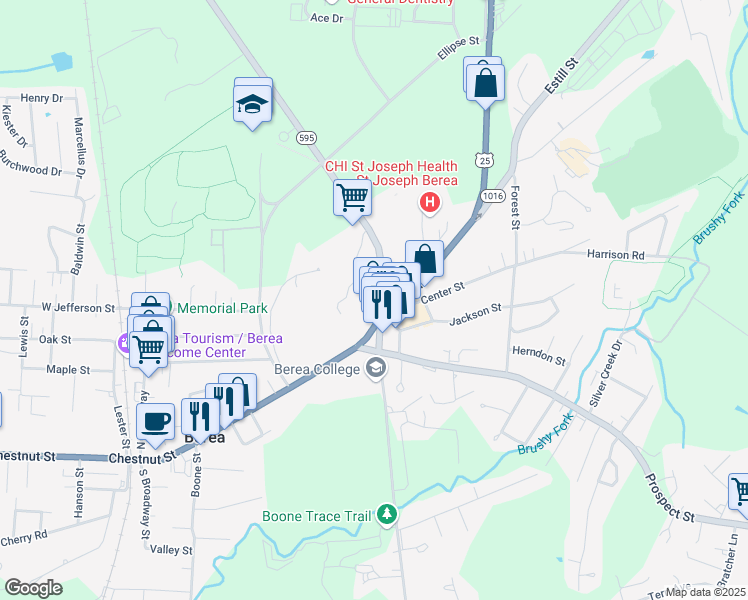 map of restaurants, bars, coffee shops, grocery stores, and more near 205 North Main Street in Berea