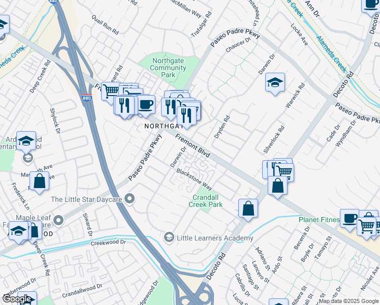 map of restaurants, bars, coffee shops, grocery stores, and more near 34552 Nantucket Common in Fremont