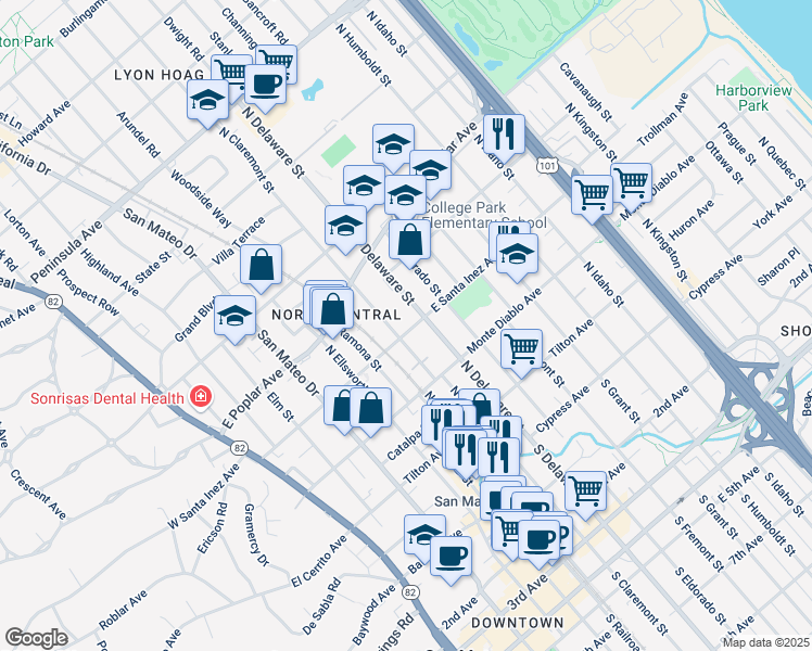 map of restaurants, bars, coffee shops, grocery stores, and more near 513 East Santa Inez Avenue in San Mateo