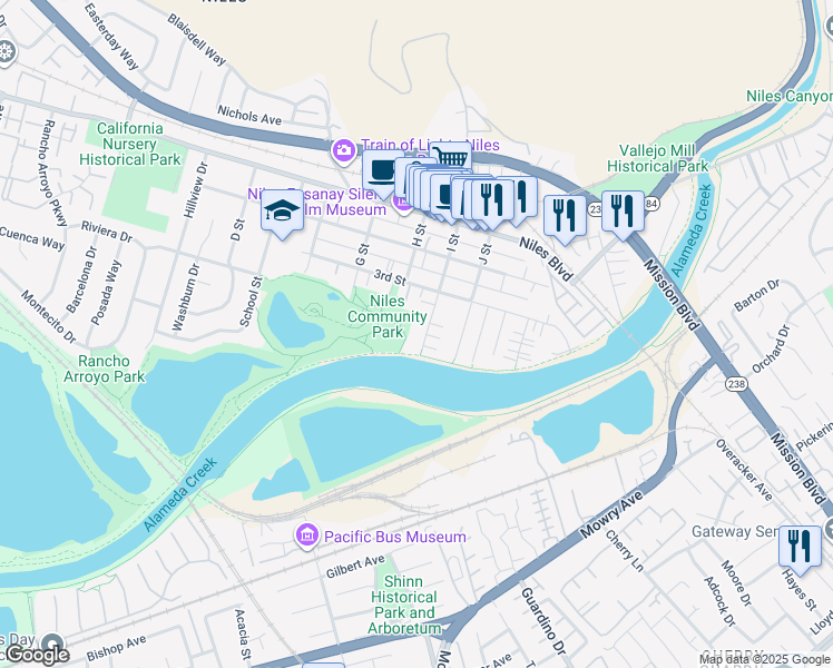 map of restaurants, bars, coffee shops, grocery stores, and more near 337 I Street in Fremont