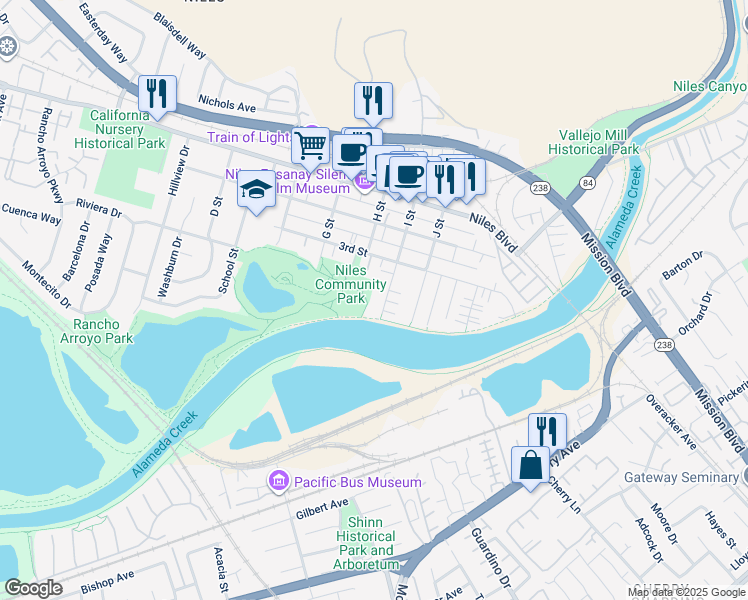 map of restaurants, bars, coffee shops, grocery stores, and more near 337 I Street in Fremont