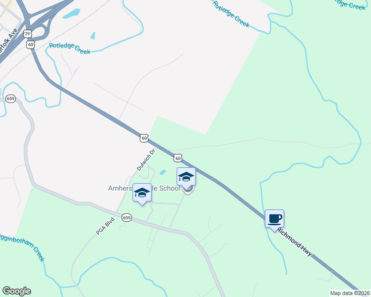 map of restaurants, bars, coffee shops, grocery stores, and more near 675 Richmond Highway in Amherst