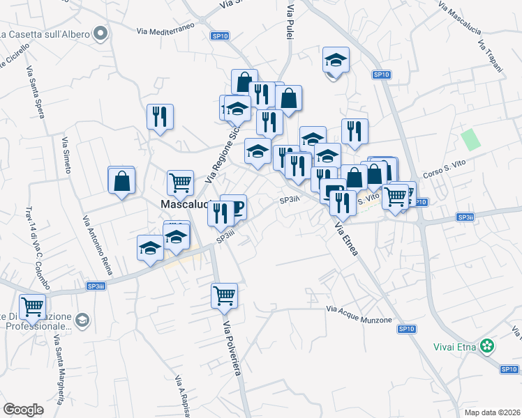 map of restaurants, bars, coffee shops, grocery stores, and more near 111 Via Roma in Mascalucia