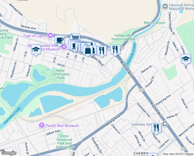 map of restaurants, bars, coffee shops, grocery stores, and more near 38071 3rd Street in Fremont