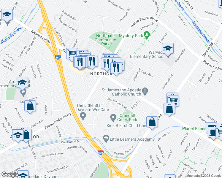 map of restaurants, bars, coffee shops, grocery stores, and more near 4067 Darwin Drive in Fremont