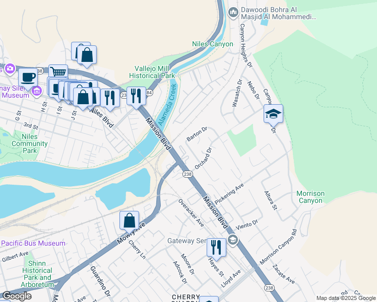 map of restaurants, bars, coffee shops, grocery stores, and more near 38367 Oliver Way in Fremont