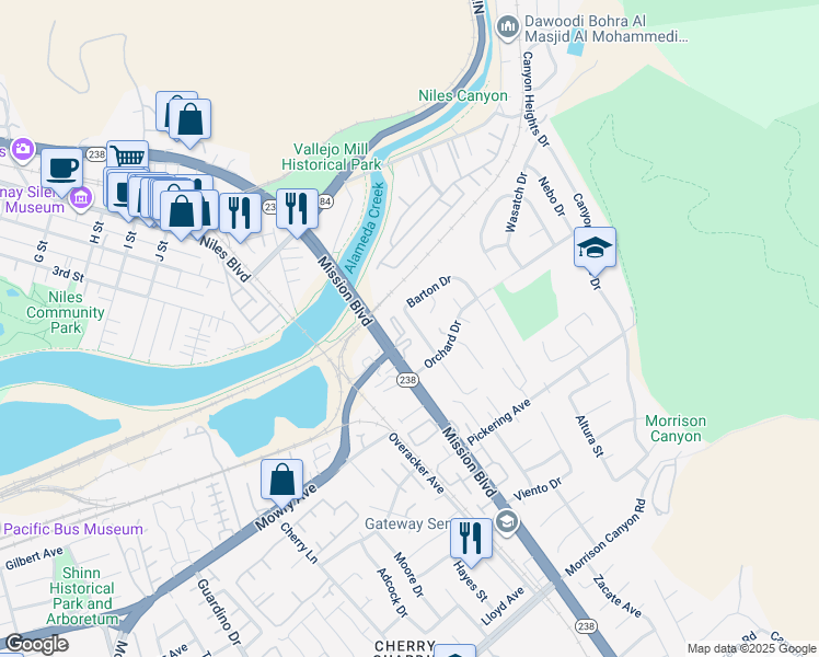 map of restaurants, bars, coffee shops, grocery stores, and more near 38367 Oliver Way in Fremont