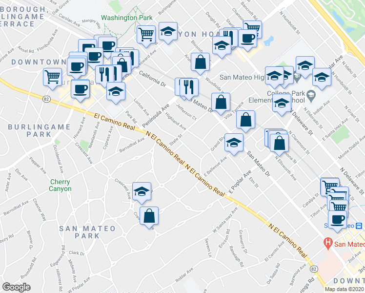 map of restaurants, bars, coffee shops, grocery stores, and more near 704 Prospect Row in San Mateo