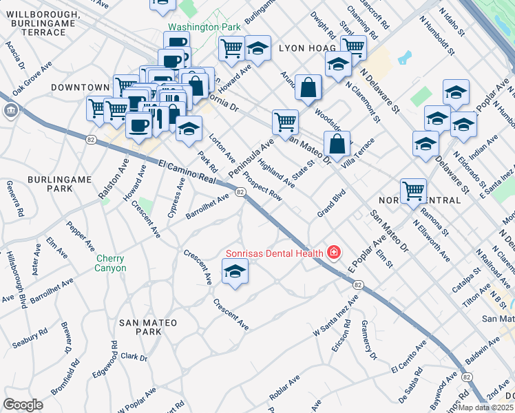 map of restaurants, bars, coffee shops, grocery stores, and more near 821 North El Camino Real in San Mateo