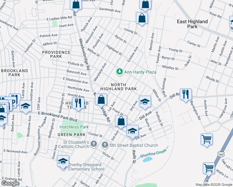 map of restaurants, bars, coffee shops, grocery stores, and more near 3201 Enslow Avenue in Richmond