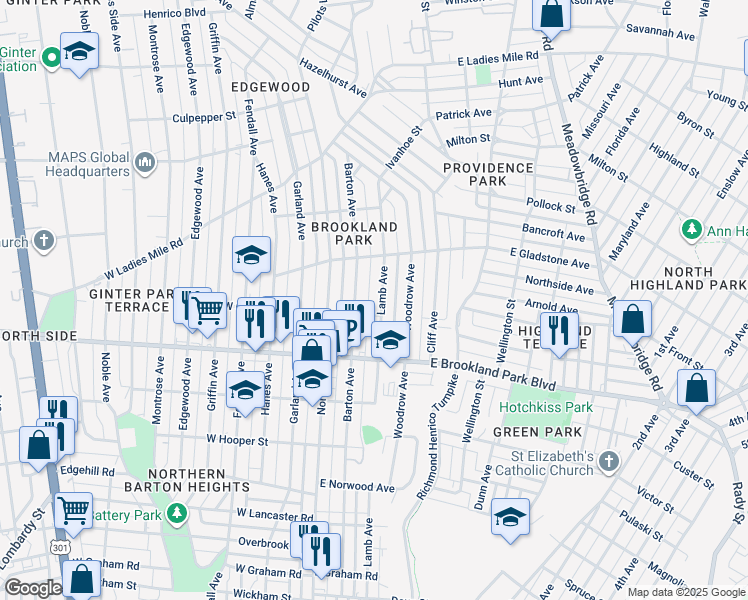 map of restaurants, bars, coffee shops, grocery stores, and more near 3113 Lamb Avenue in Richmond