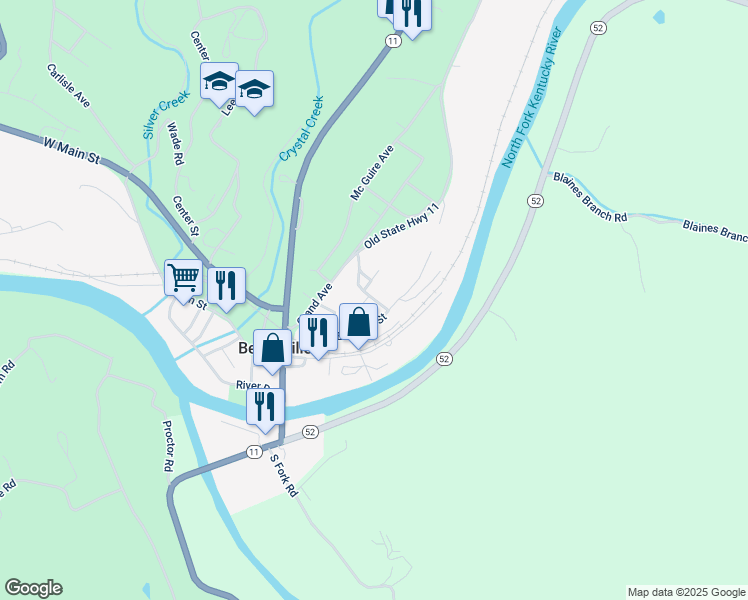 map of restaurants, bars, coffee shops, grocery stores, and more near 58 East Center Street in Beattyville