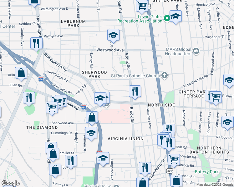 map of restaurants, bars, coffee shops, grocery stores, and more near 1213 Whitby Road in Richmond