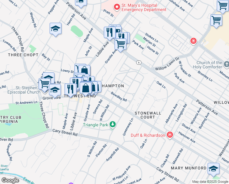 map of restaurants, bars, coffee shops, grocery stores, and more near 5500 Bewdley Road in Richmond