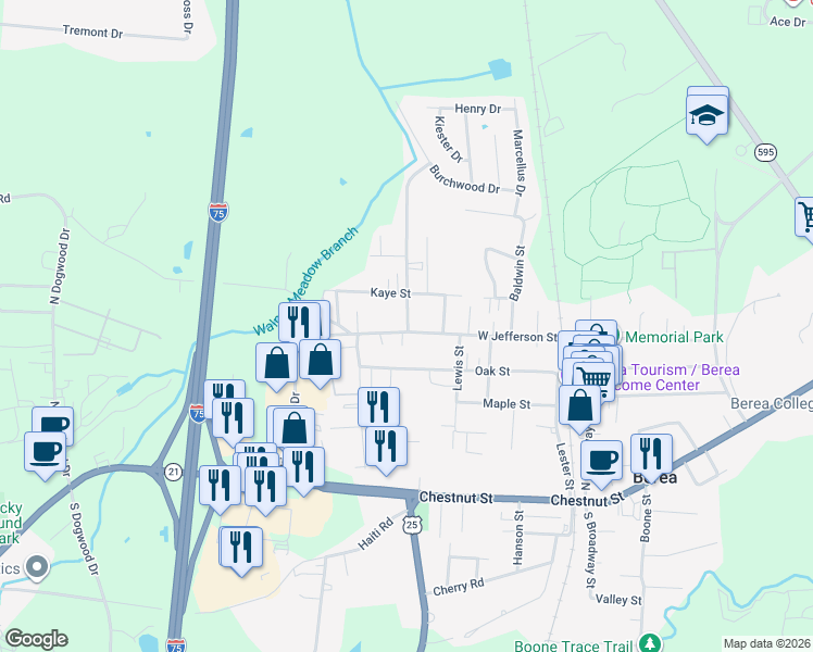 map of restaurants, bars, coffee shops, grocery stores, and more near 722 West Jefferson Street in Berea