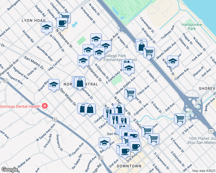 map of restaurants, bars, coffee shops, grocery stores, and more near 244 North Delaware Street in San Mateo
