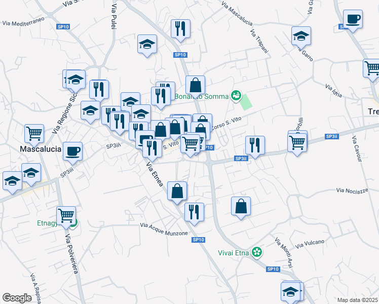 map of restaurants, bars, coffee shops, grocery stores, and more near 9 Viale S. Francesco in Mascalucia