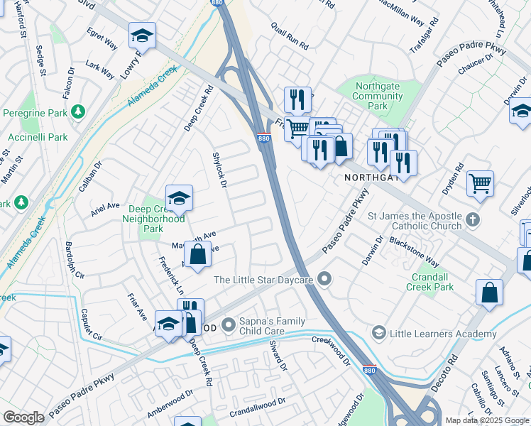 map of restaurants, bars, coffee shops, grocery stores, and more near 4459 Macbeth Circle in Fremont