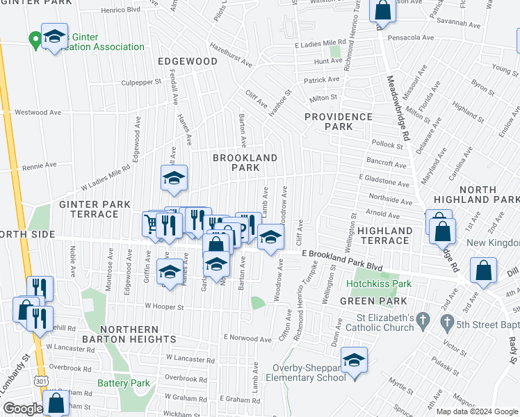 map of restaurants, bars, coffee shops, grocery stores, and more near 3113 Lamb Avenue in Richmond