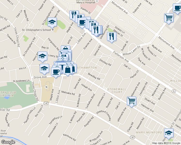 map of restaurants, bars, coffee shops, grocery stores, and more near 5500 Bewdley Road in Richmond