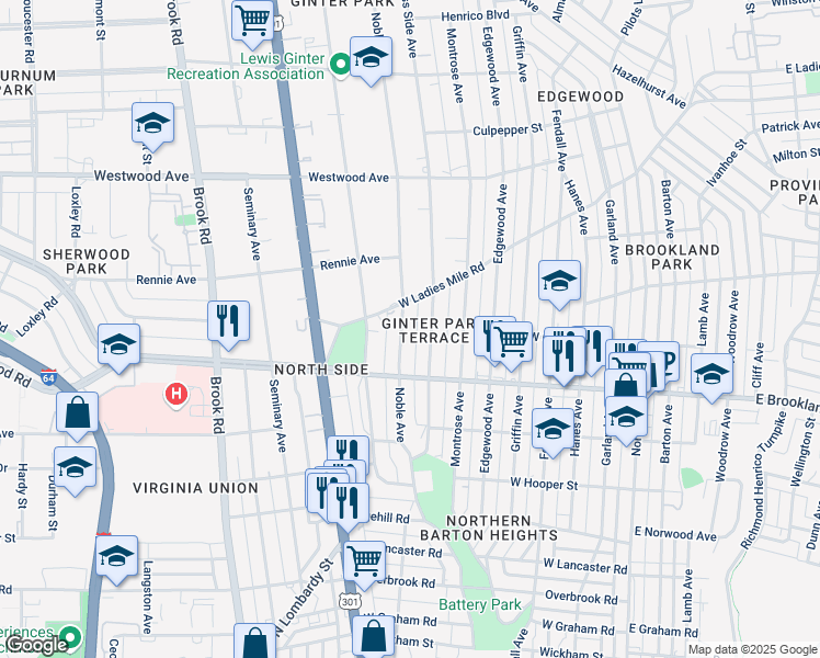 map of restaurants, bars, coffee shops, grocery stores, and more near 3021 Noble Ave in Richmond