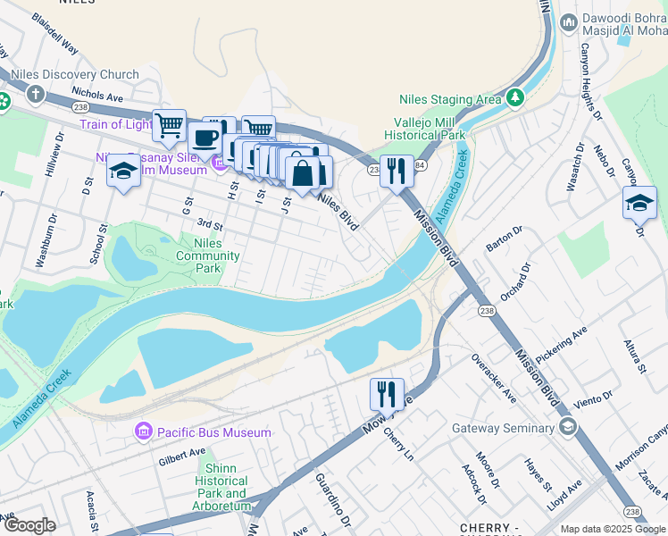 map of restaurants, bars, coffee shops, grocery stores, and more near 38071 3rd Street in Fremont