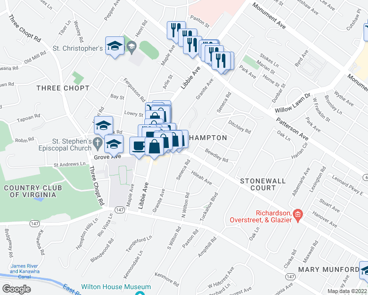 map of restaurants, bars, coffee shops, grocery stores, and more near 5600 Grove Avenue in Richmond