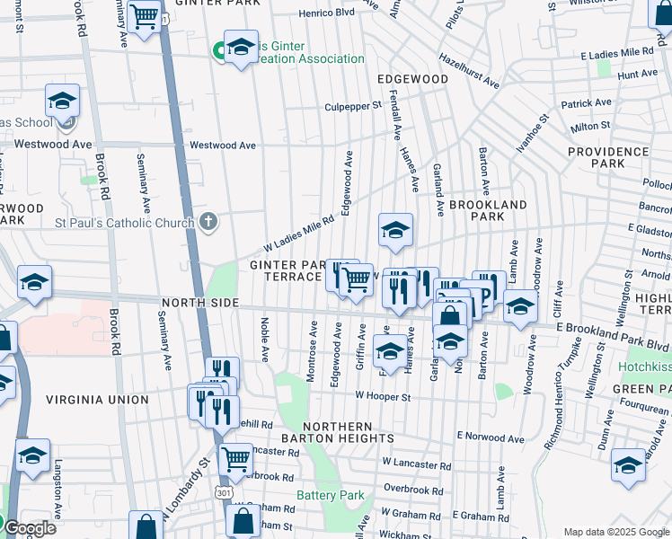 map of restaurants, bars, coffee shops, grocery stores, and more near 3100 Edgewood Avenue in Richmond