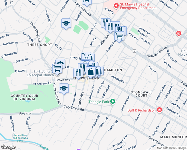map of restaurants, bars, coffee shops, grocery stores, and more near 5702 Grove Avenue in Richmond