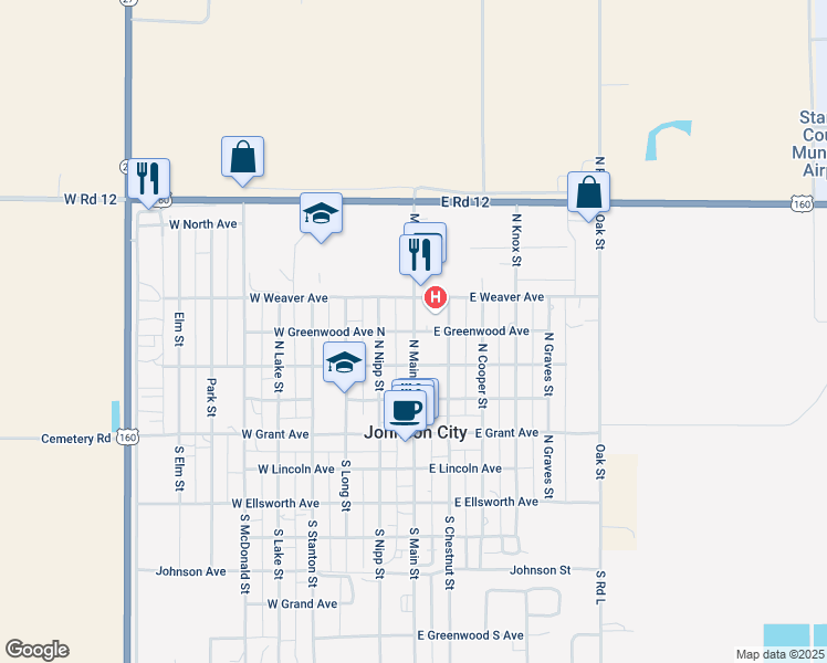 map of restaurants, bars, coffee shops, grocery stores, and more near 101 West Greenwood Avenue North in Johnson City