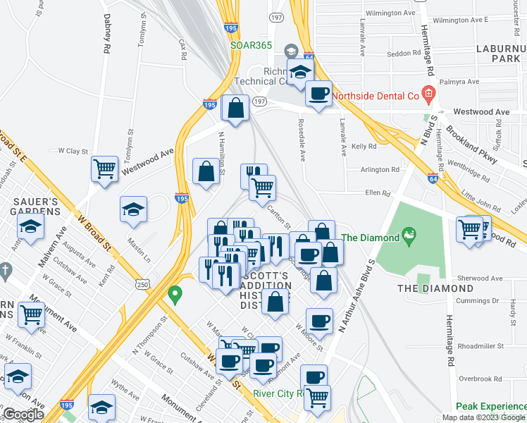 map of restaurants, bars, coffee shops, grocery stores, and more near 3413 Carlton Street in Richmond