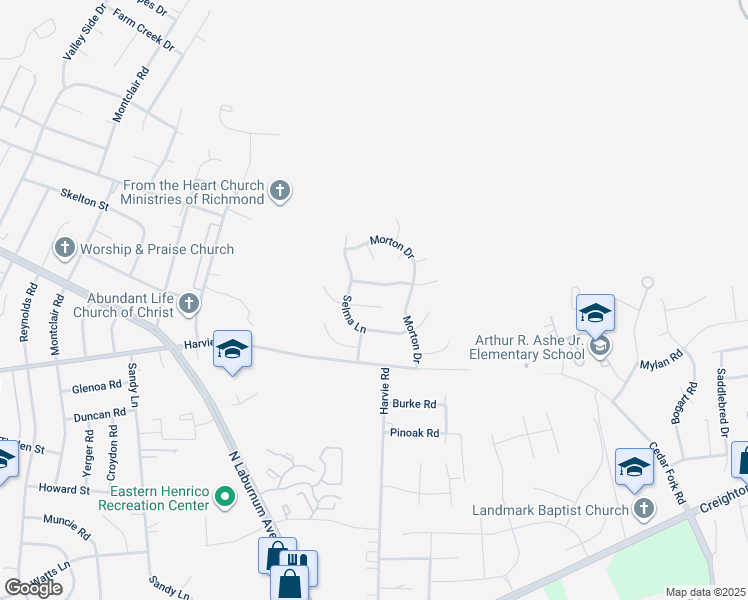 map of restaurants, bars, coffee shops, grocery stores, and more near 3412 Logan Hill Place in Richmond