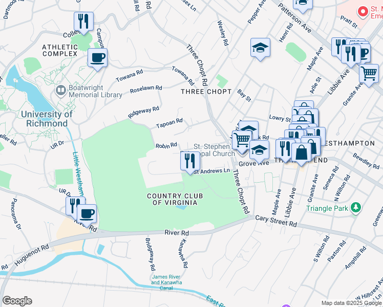 map of restaurants, bars, coffee shops, grocery stores, and more near 11 Robin Road in Richmond