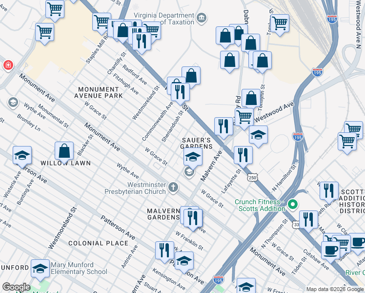 map of restaurants, bars, coffee shops, grocery stores, and more near 1509 Sauer Avenue in Richmond