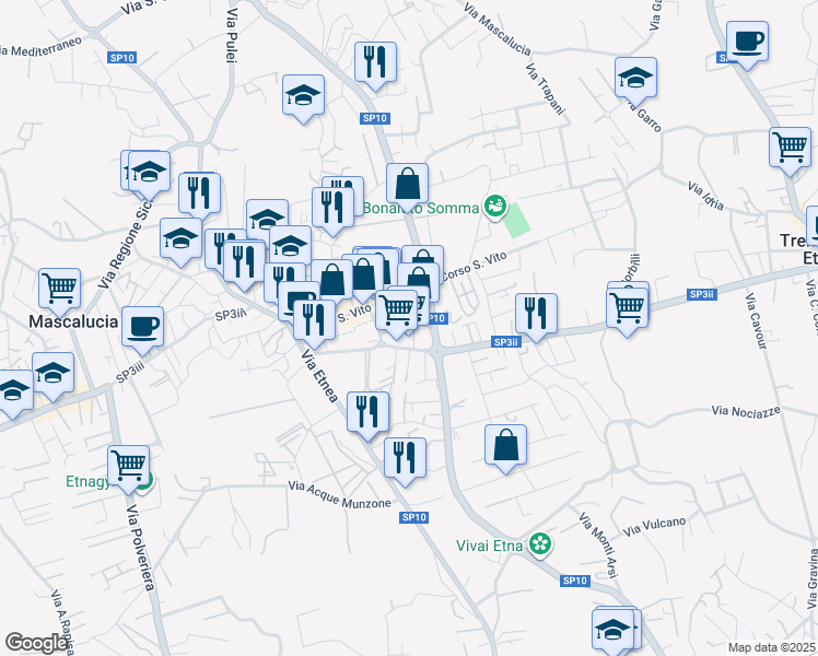map of restaurants, bars, coffee shops, grocery stores, and more near 9 Viale S. Francesco in Mascalucia