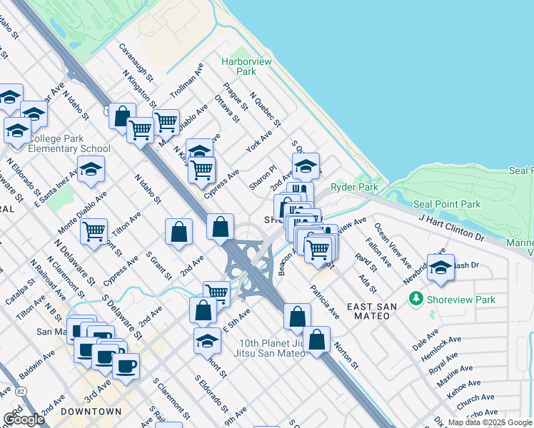 map of restaurants, bars, coffee shops, grocery stores, and more near 1429 Bradley Court in San Mateo
