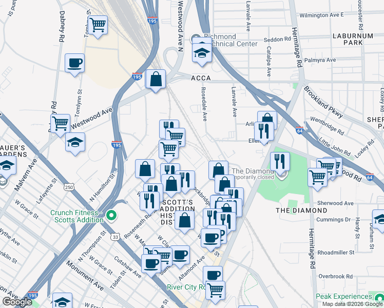 map of restaurants, bars, coffee shops, grocery stores, and more near 3406 Carlton Street in Richmond