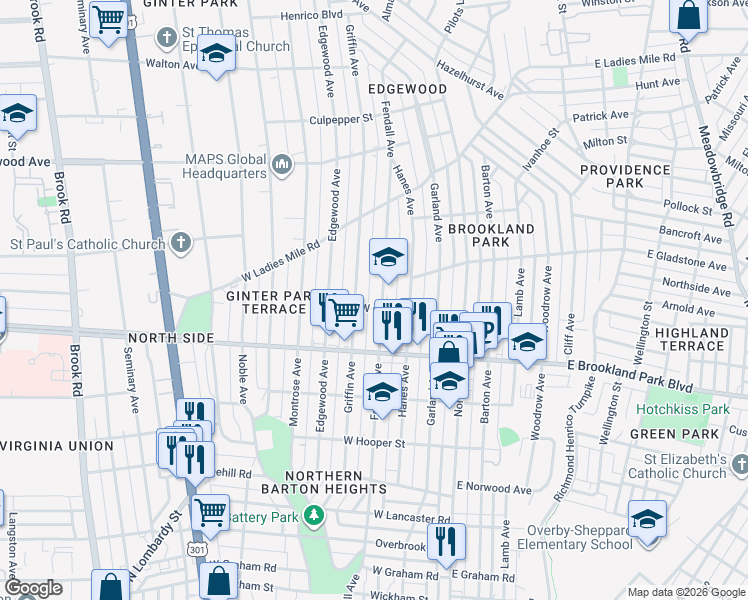 map of restaurants, bars, coffee shops, grocery stores, and more near 3106 Fendall Avenue in Richmond