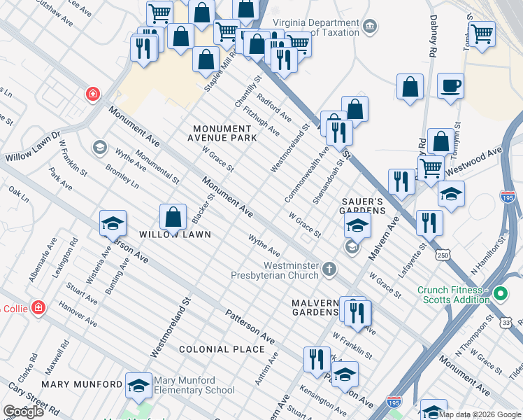 map of restaurants, bars, coffee shops, grocery stores, and more near 4508 Monument Avenue in Richmond