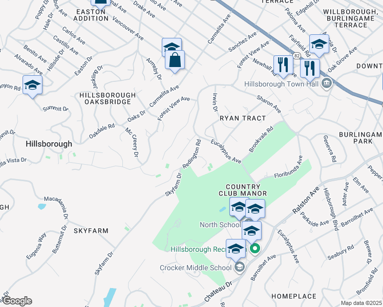map of restaurants, bars, coffee shops, grocery stores, and more near 2120 Redington Road in Hillsborough