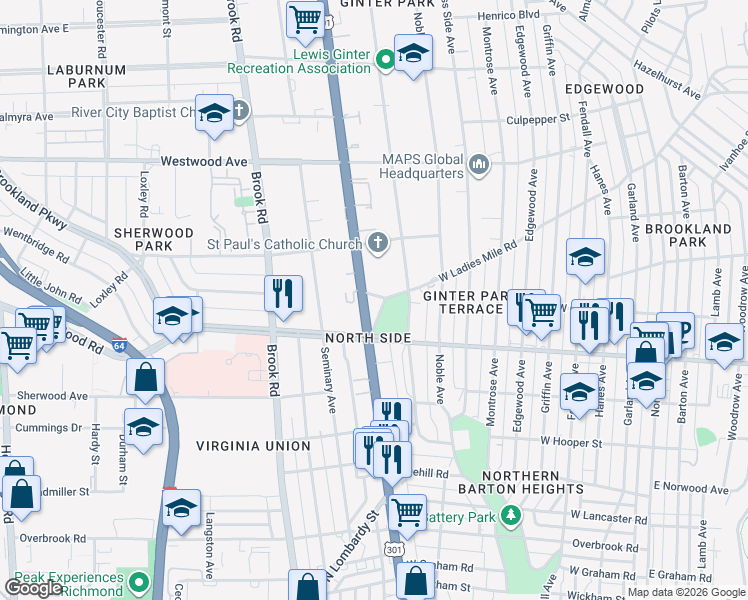 map of restaurants, bars, coffee shops, grocery stores, and more near 3013 Chamberlayne Avenue in Richmond