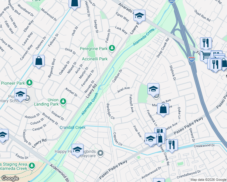 map of restaurants, bars, coffee shops, grocery stores, and more near 4697 Alonso Court in Fremont