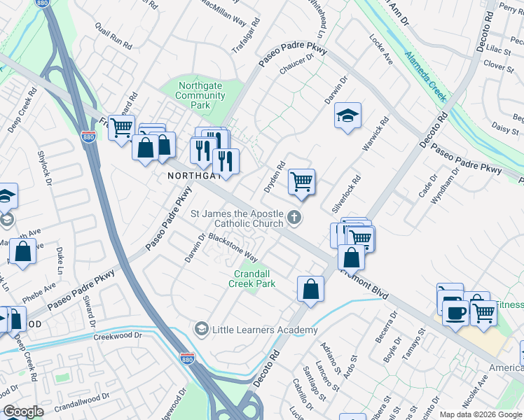 map of restaurants, bars, coffee shops, grocery stores, and more near 34565 Hurst Avenue in Fremont