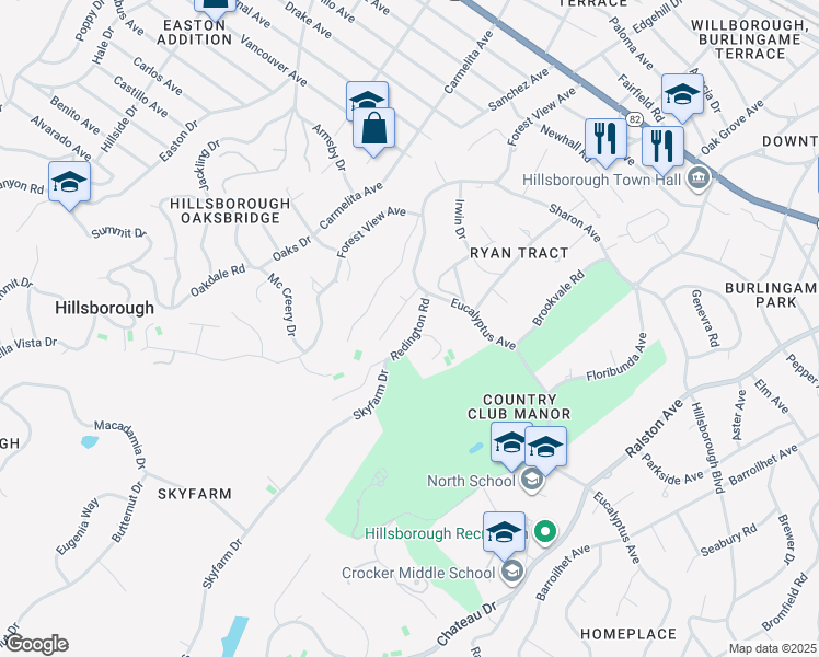 map of restaurants, bars, coffee shops, grocery stores, and more near 2120 Redington Road in Hillsborough