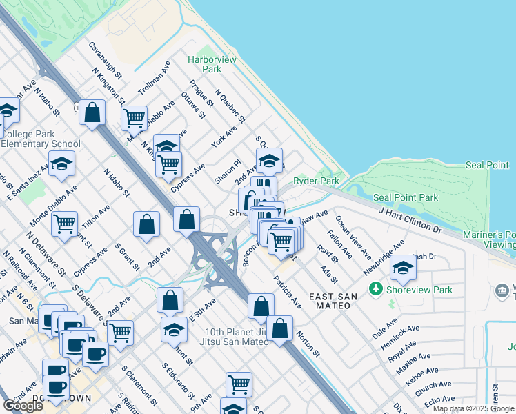 map of restaurants, bars, coffee shops, grocery stores, and more near 1501 J Hart Clinton Drive in San Mateo