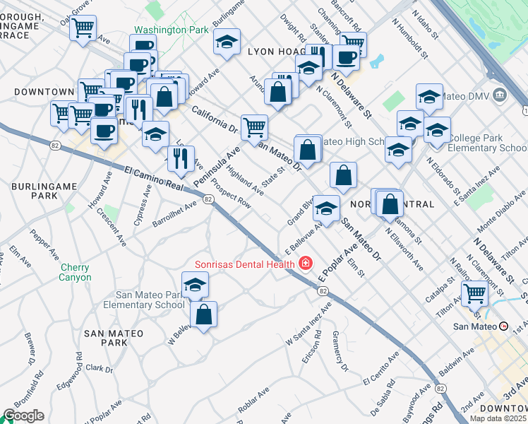 map of restaurants, bars, coffee shops, grocery stores, and more near 704 Prospect Row in San Mateo