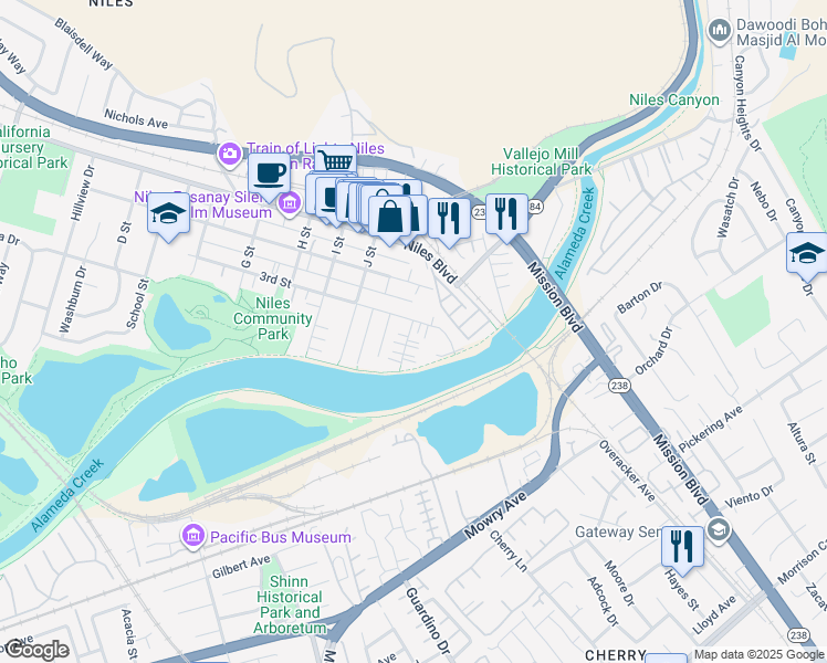 map of restaurants, bars, coffee shops, grocery stores, and more near 324 L Street in Fremont