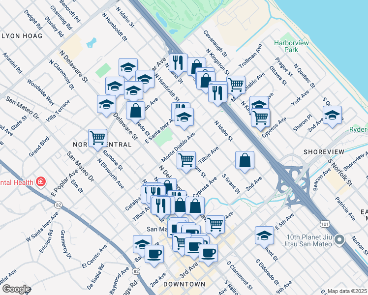 map of restaurants, bars, coffee shops, grocery stores, and more near 148 North Fremont Street in San Mateo